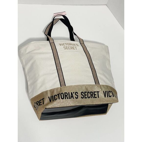 Victoria’s Secret Canvas Tote Structured Shoulder Bag Gold Glitter Cream Color - Picture 12 of 12